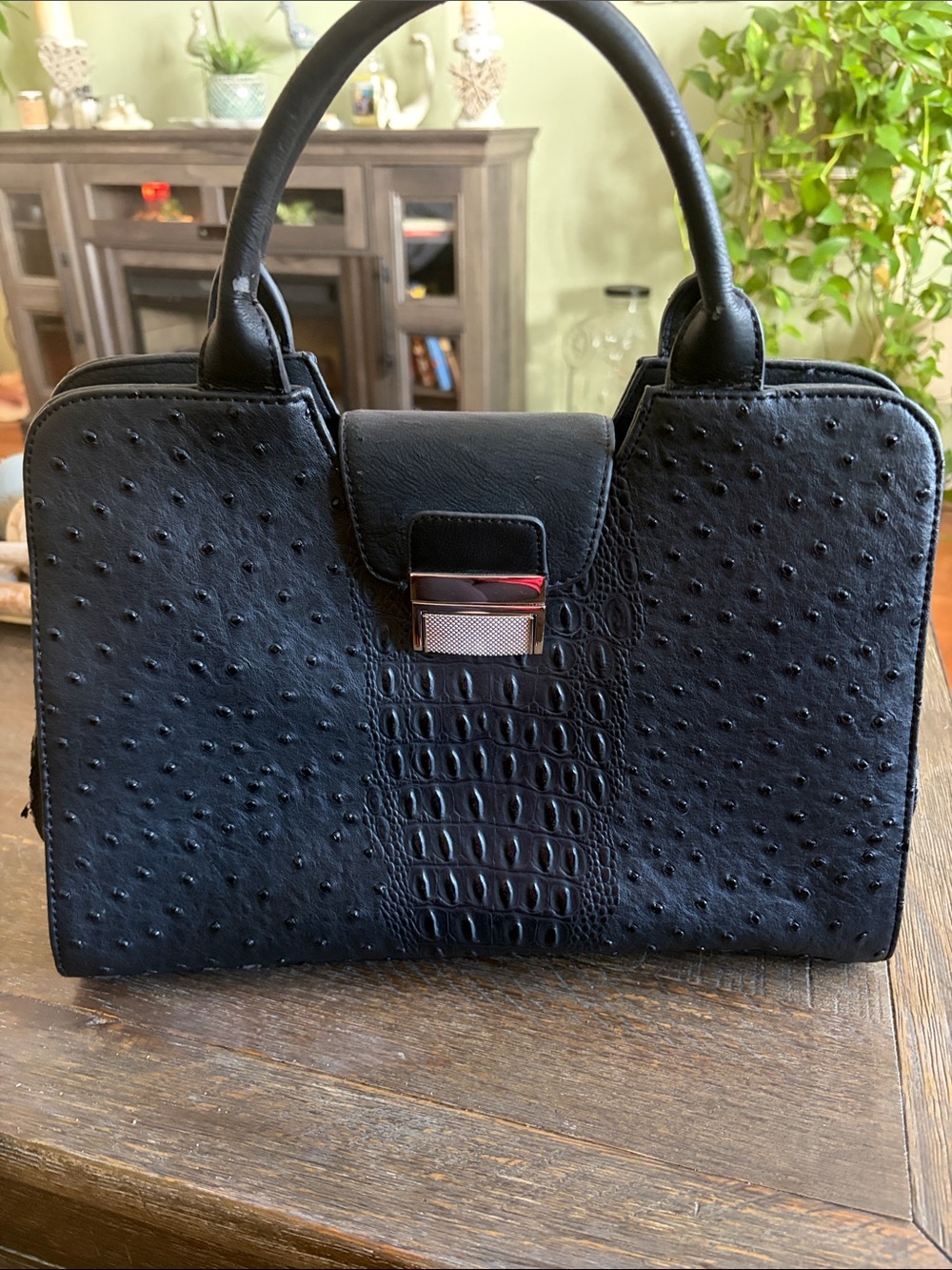 Black Textured Satchel Handbag with Croc-Panel Accent